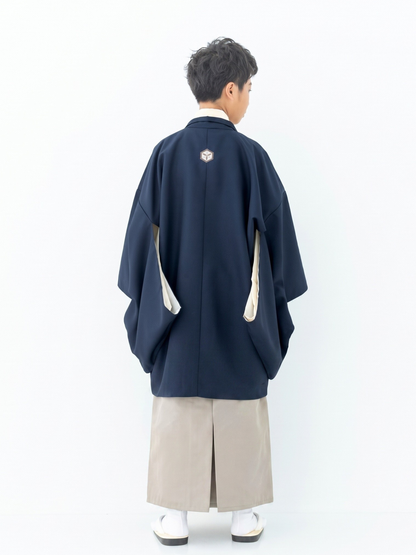 D1015　亀甲に矢絣/紺×ベージュ　【小学生男の子卒業式袴レンタル】