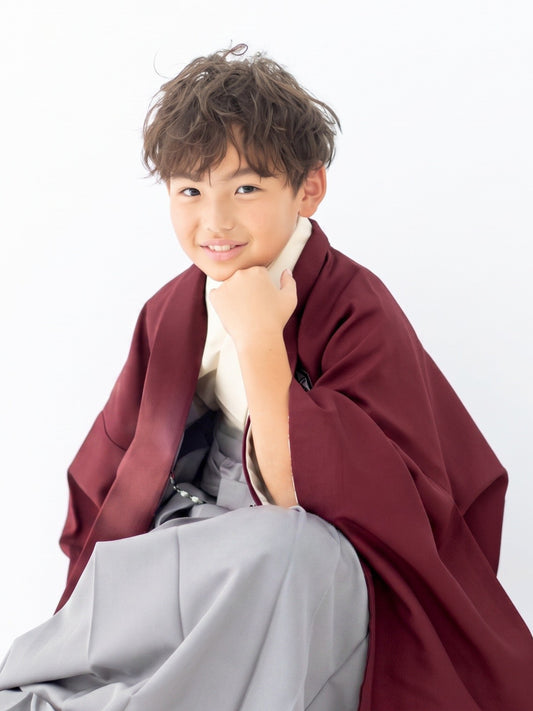 D1010 亀甲に矢絣/エンジ×グレー 【小学生男の子卒業式袴レンタル】
