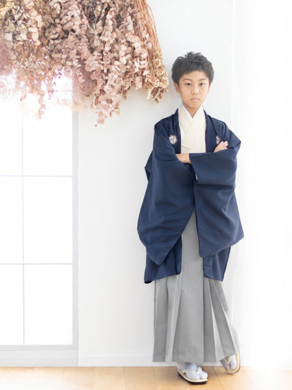 D1004gla　亀甲に矢絣/紺×グレー 　【小学生男の子卒業式袴レンタル】