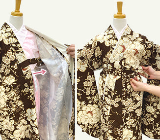 step03 着物を羽織り、脇の穴に紐を通して前で結びます